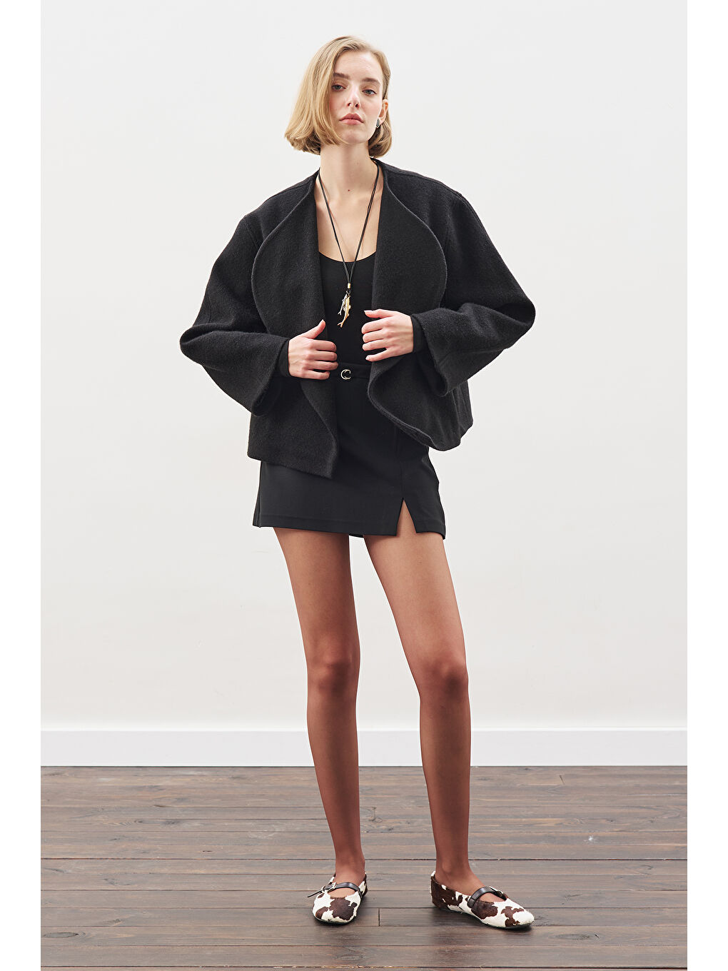 Yünlü Kısa Ceket Siyah-4