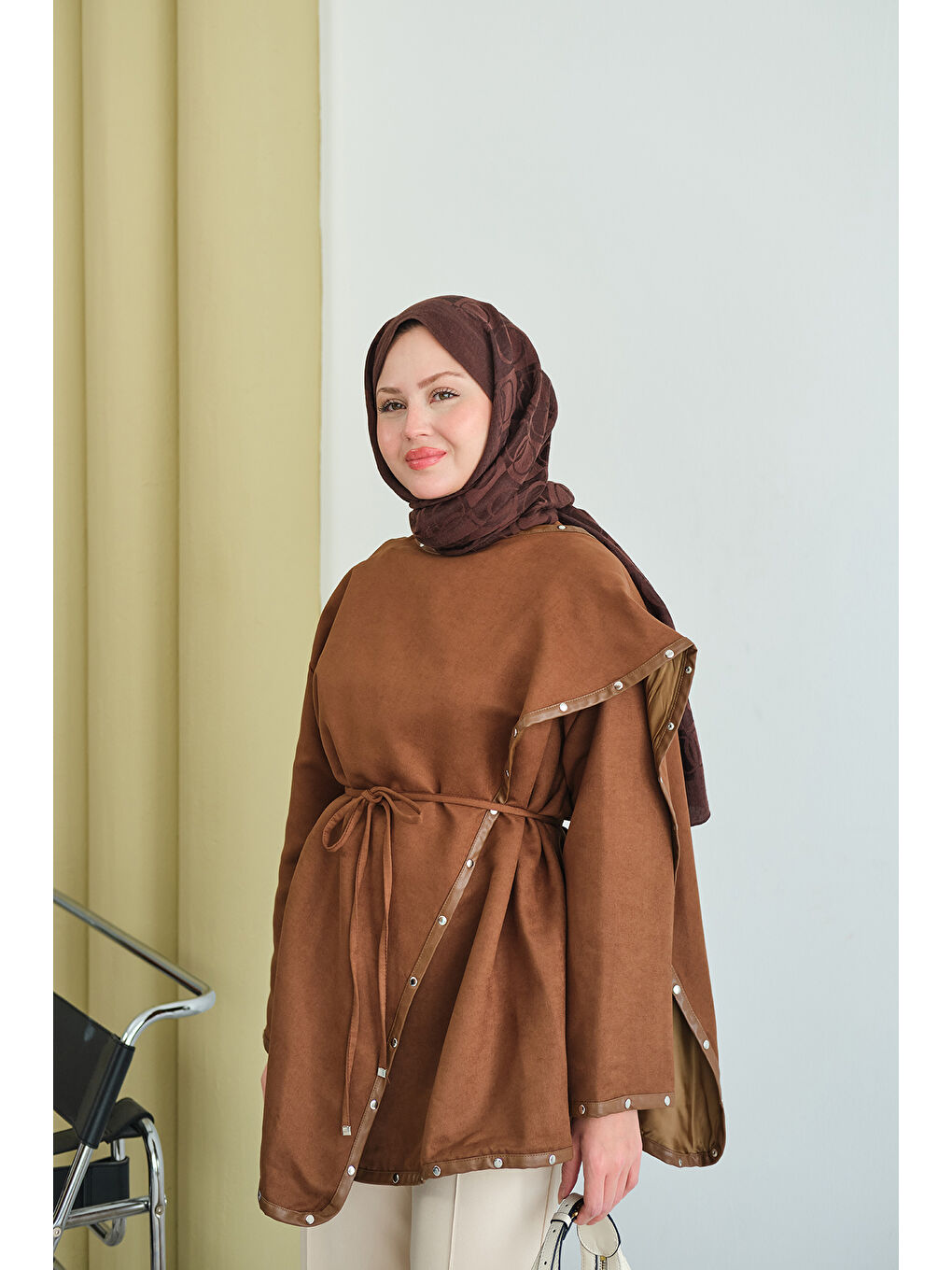 Kahverengi Kadın Dikişleri Deri Detay Ceket Taba-3