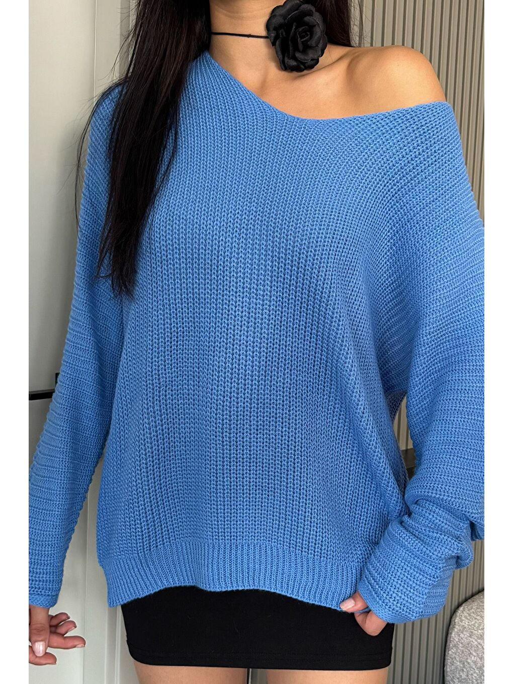 Mavi V Yaka Salaş Triko Bluz (s,m,l,xl Uyumludur)-2