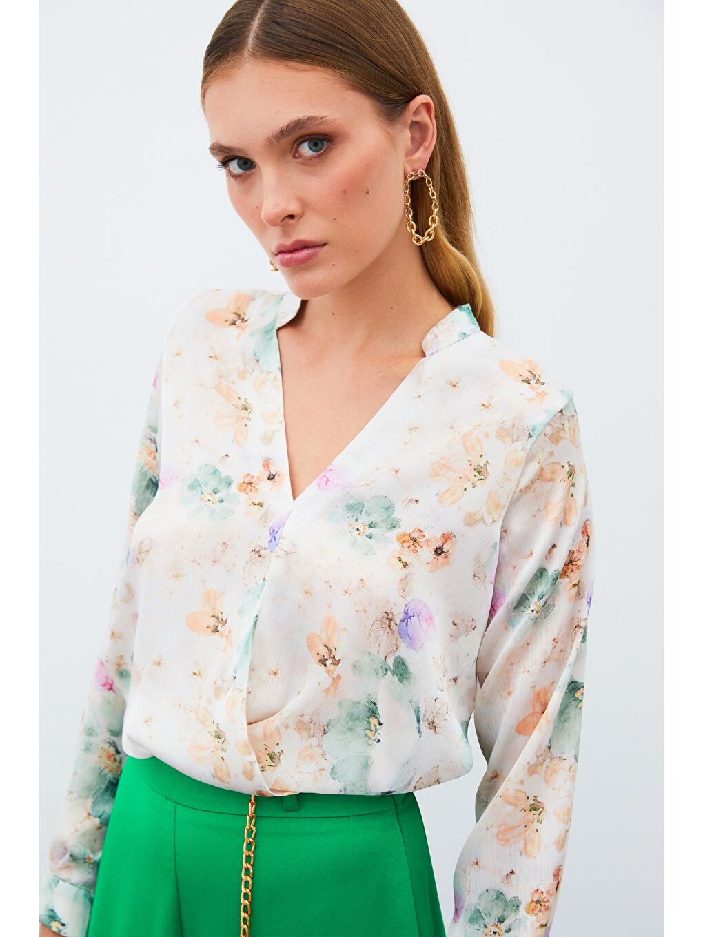 Desenli Kruvaze Bluz - Çağla Yeşili-4