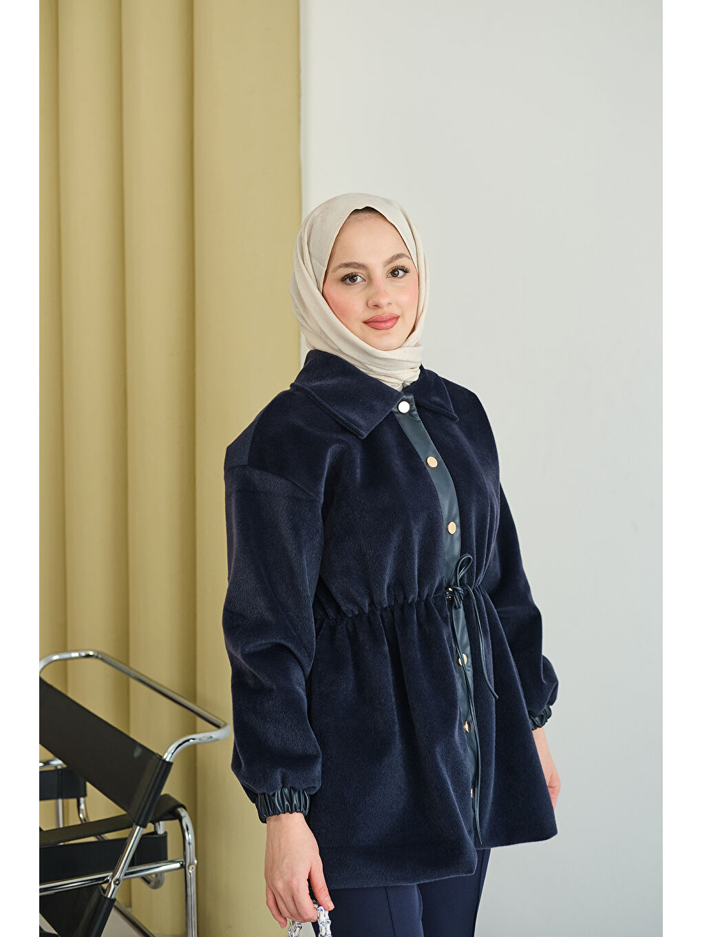 Kadın Beli Ayarlanabilir Gömlek Yaka Angora Ceket Lacivert-1