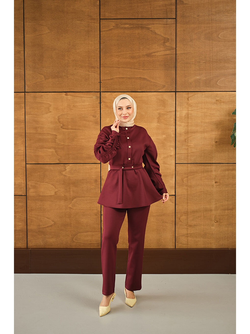 Kadın Düğme Detay İkili Takım Bordo-2