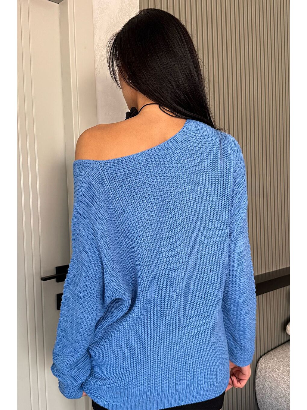 Mavi V Yaka Salaş Triko Bluz (s,m,l,xl Uyumludur)-3