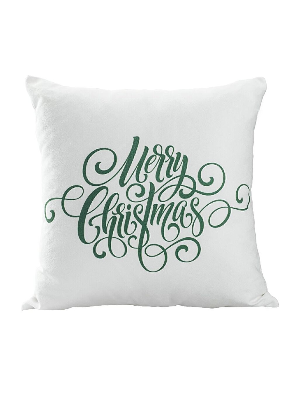 Yılbaşı Temalı "Merry Christmas" Yeşil Yazı Baskılı Kırlent Kılıfı - Beyaz 43x43-1