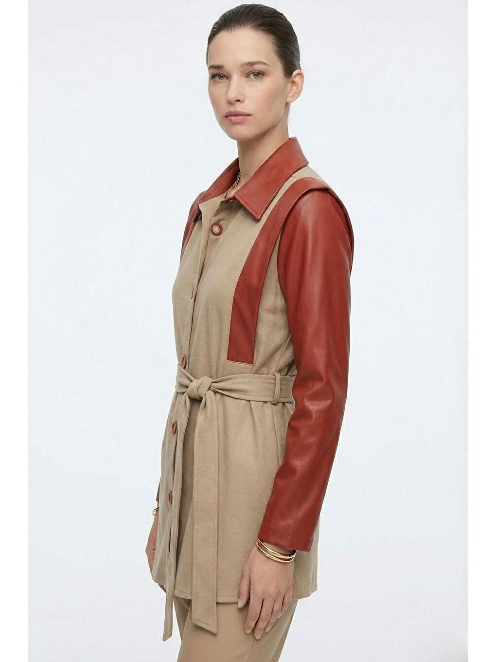 Blok Deri Detaylı Çıt Çıtlı Bordo Bej Tunik-1