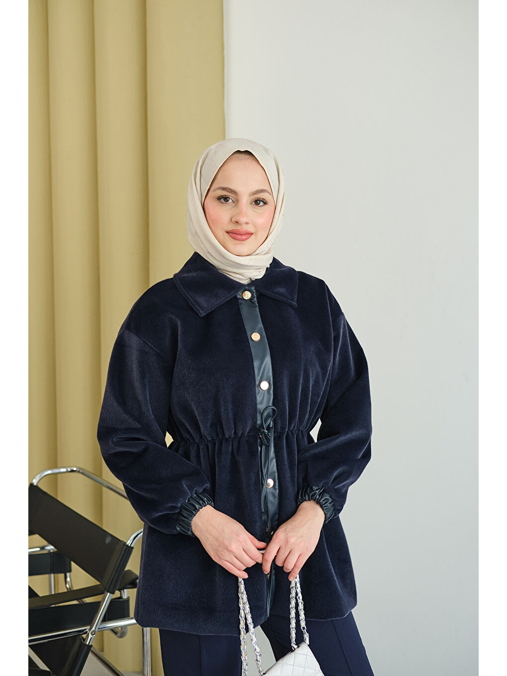 Kadın Beli Ayarlanabilir Gömlek Yaka Angora Ceket Lacivert-2