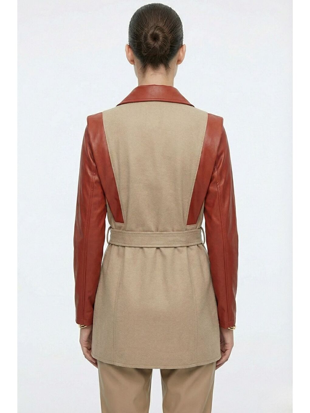 Blok Deri Detaylı Çıt Çıtlı Bordo Bej Tunik-2