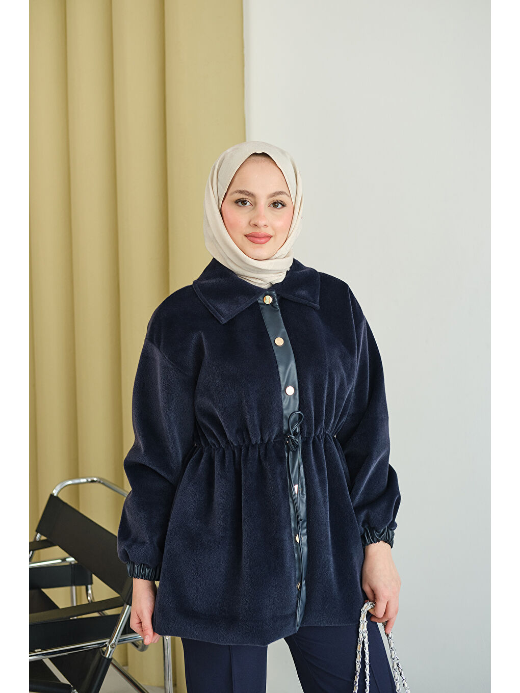 Kadın Beli Ayarlanabilir Gömlek Yaka Angora Ceket Lacivert-3