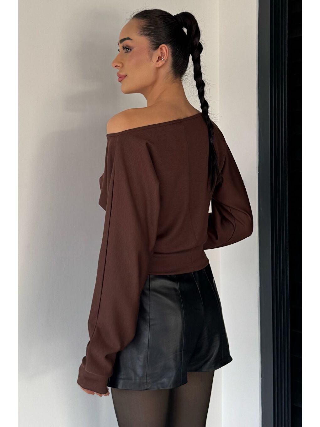 Kahverengi Kadın Yarasa Kol Bluz-2