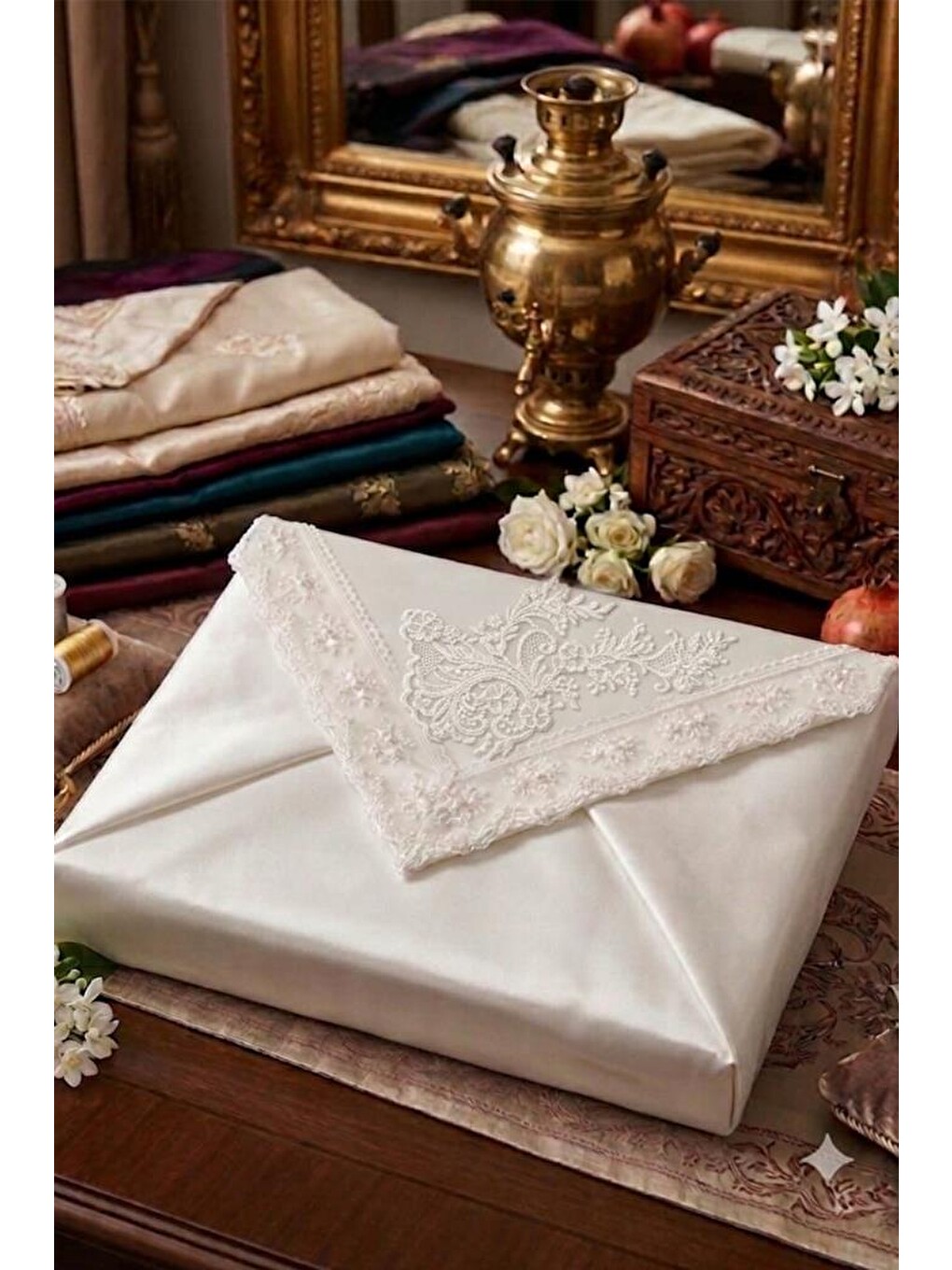Ekru Müjgan Saten Lüks Nişan Bohçası 90x90 Cm Krem