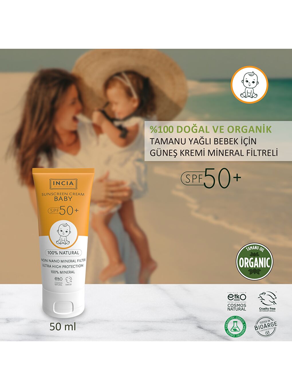 %100 Doğal Bebek Güneş Kremi Leke Karşıtı Mineral Filtreli Yüksek Koruma SPF50 UVA UVB 50 ml-1
