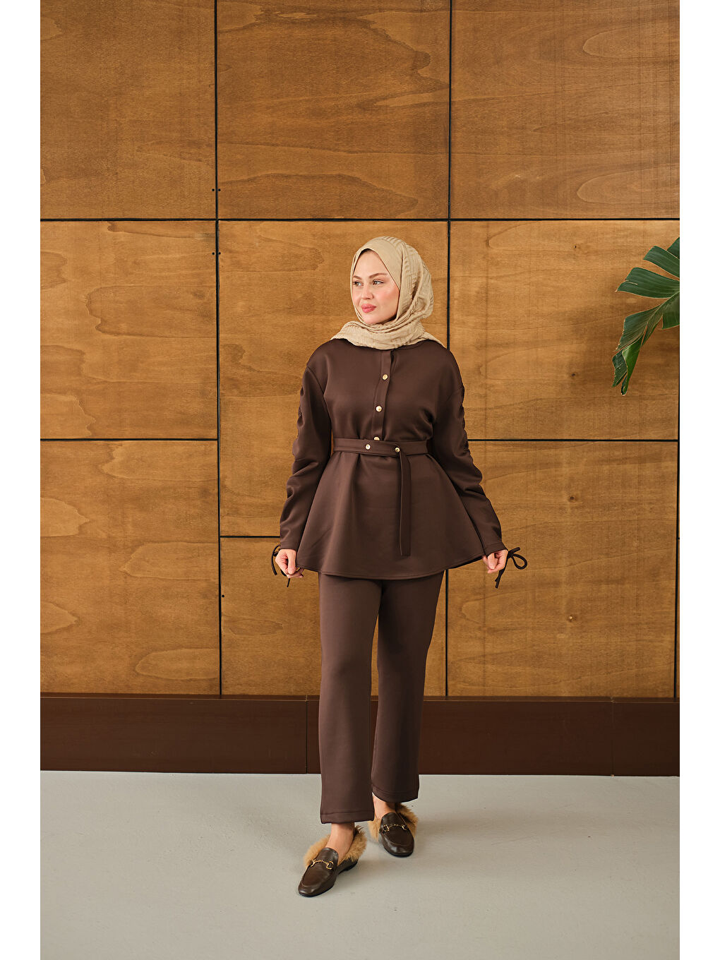 Kadın Düğme Detay İkili Takım Kahverengi