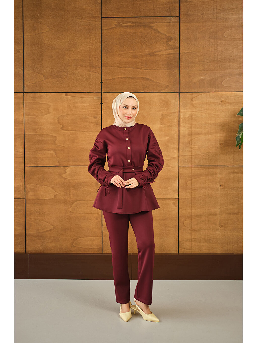 Kadın Düğme Detay İkili Takım Bordo-3