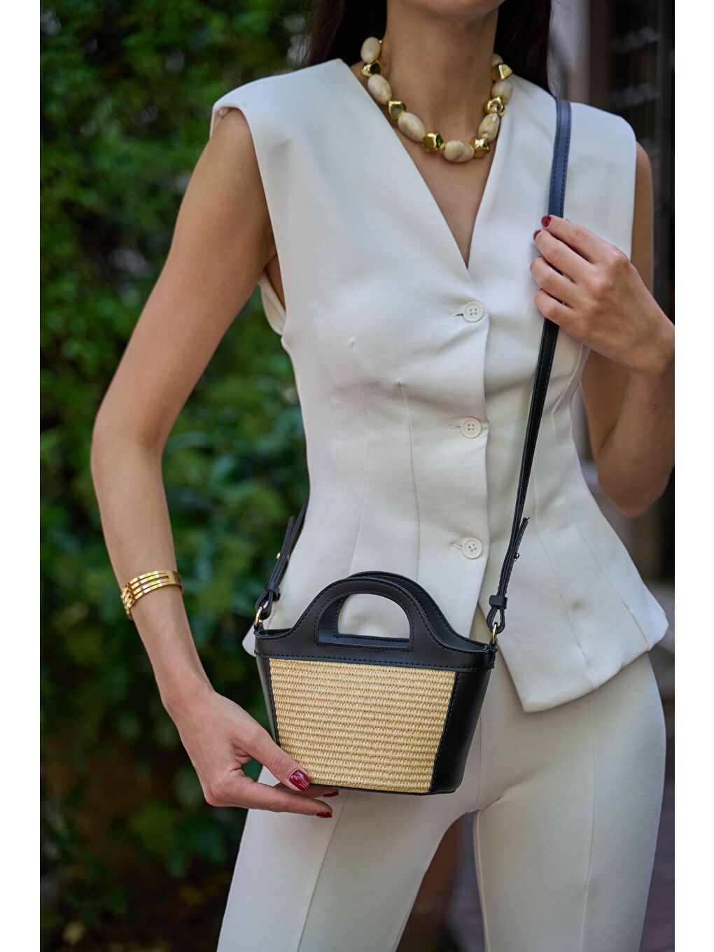 Mini Hasır Detaylı Çapraz Çanta Siyah Hasır