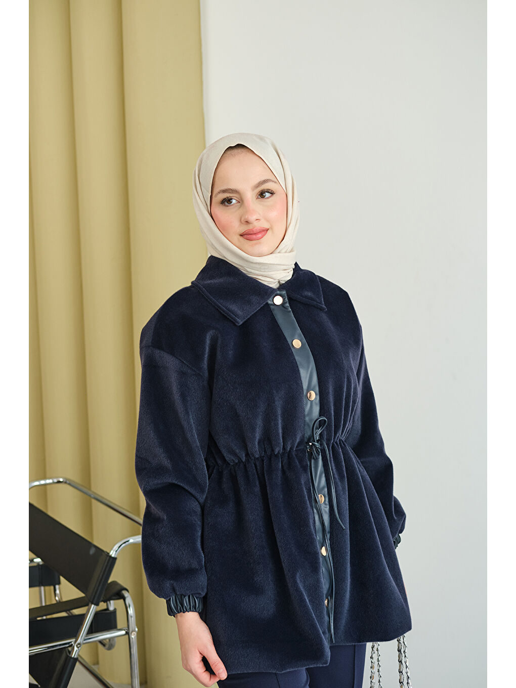Kadın Beli Ayarlanabilir Gömlek Yaka Angora Ceket Lacivert-4