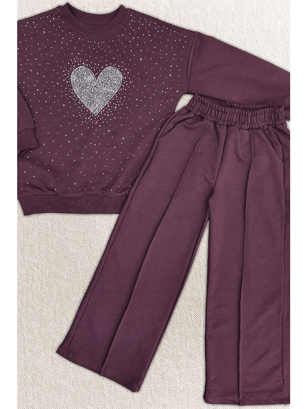 Mürdüm Kız Çocuk Taş Süslemeli Kalp Desenli 2 İplik Alt-Üst Takım 4-12 Yaş 12513-1