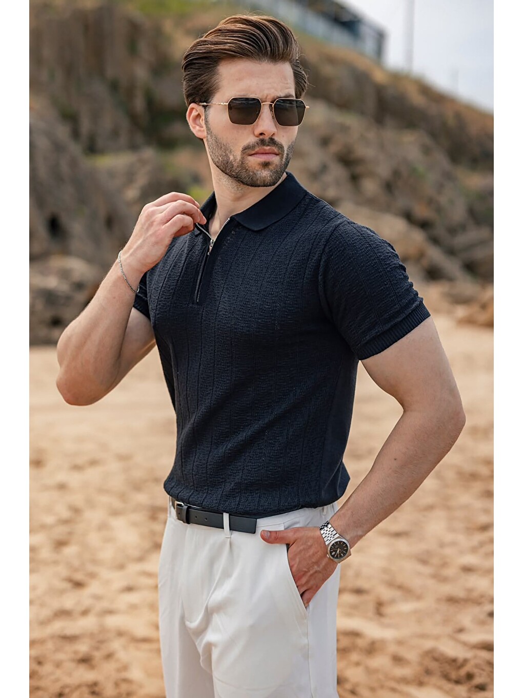 Antrasit Regular Fit Polo Yaka Triko Erkek Tişört E7503-2