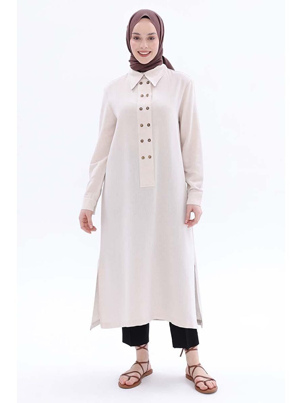 Ekru Kemik-Çift Düğmeli Keten Tunik-1