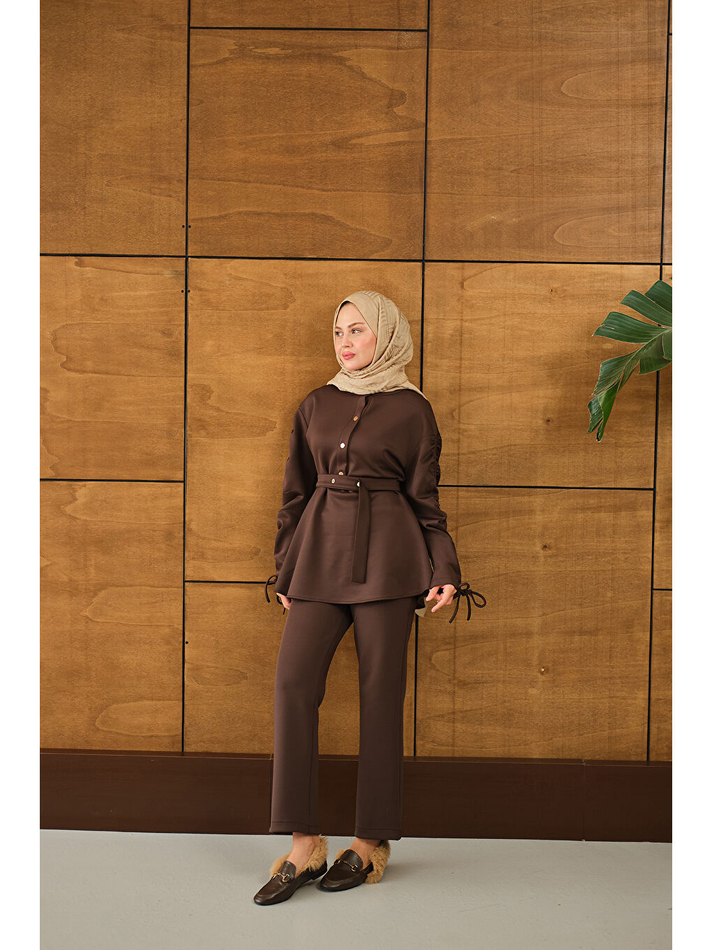 Kadın Düğme Detay İkili Takım Kahverengi-1