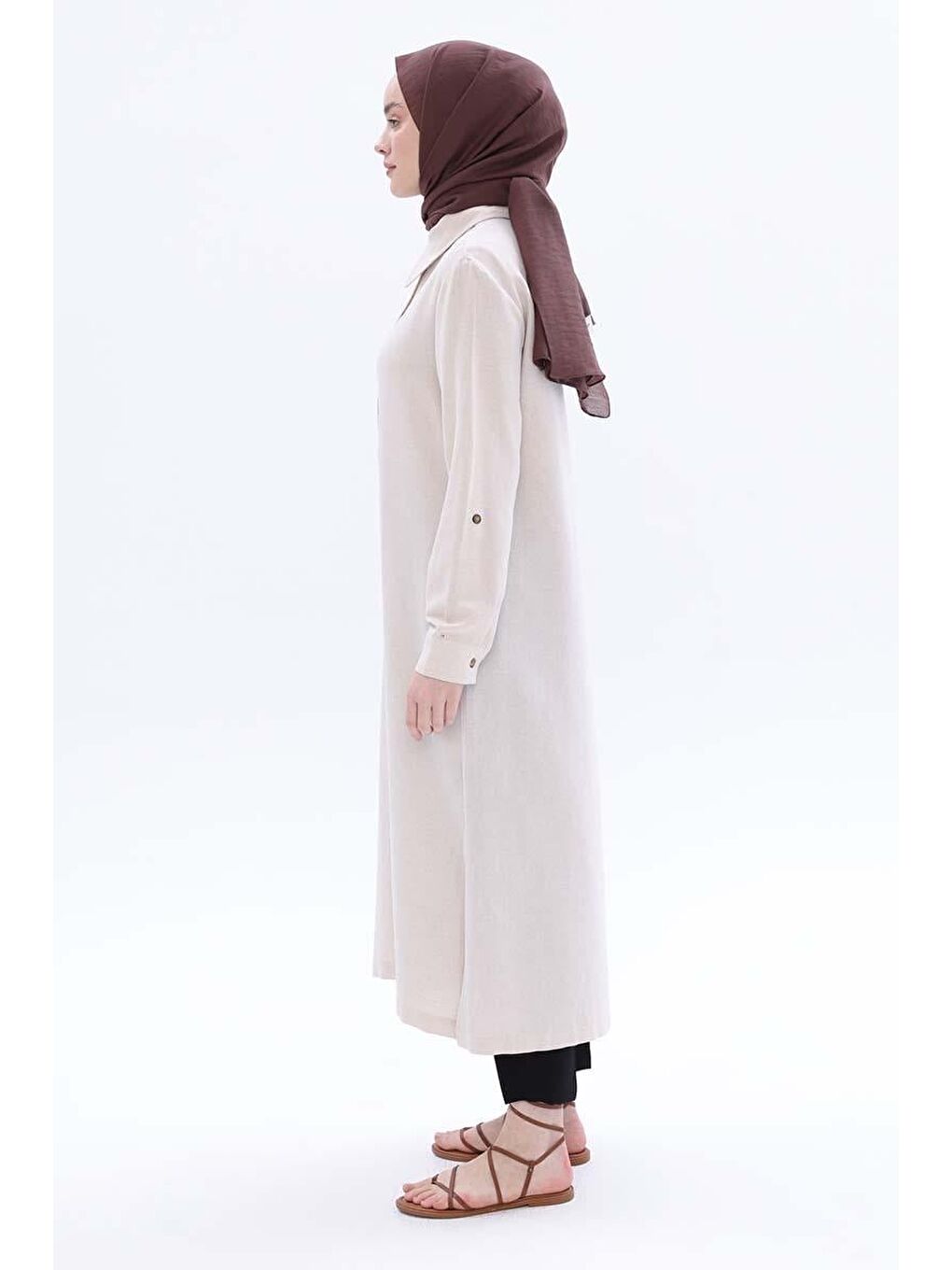 Ekru Kemik-Çift Düğmeli Keten Tunik-2