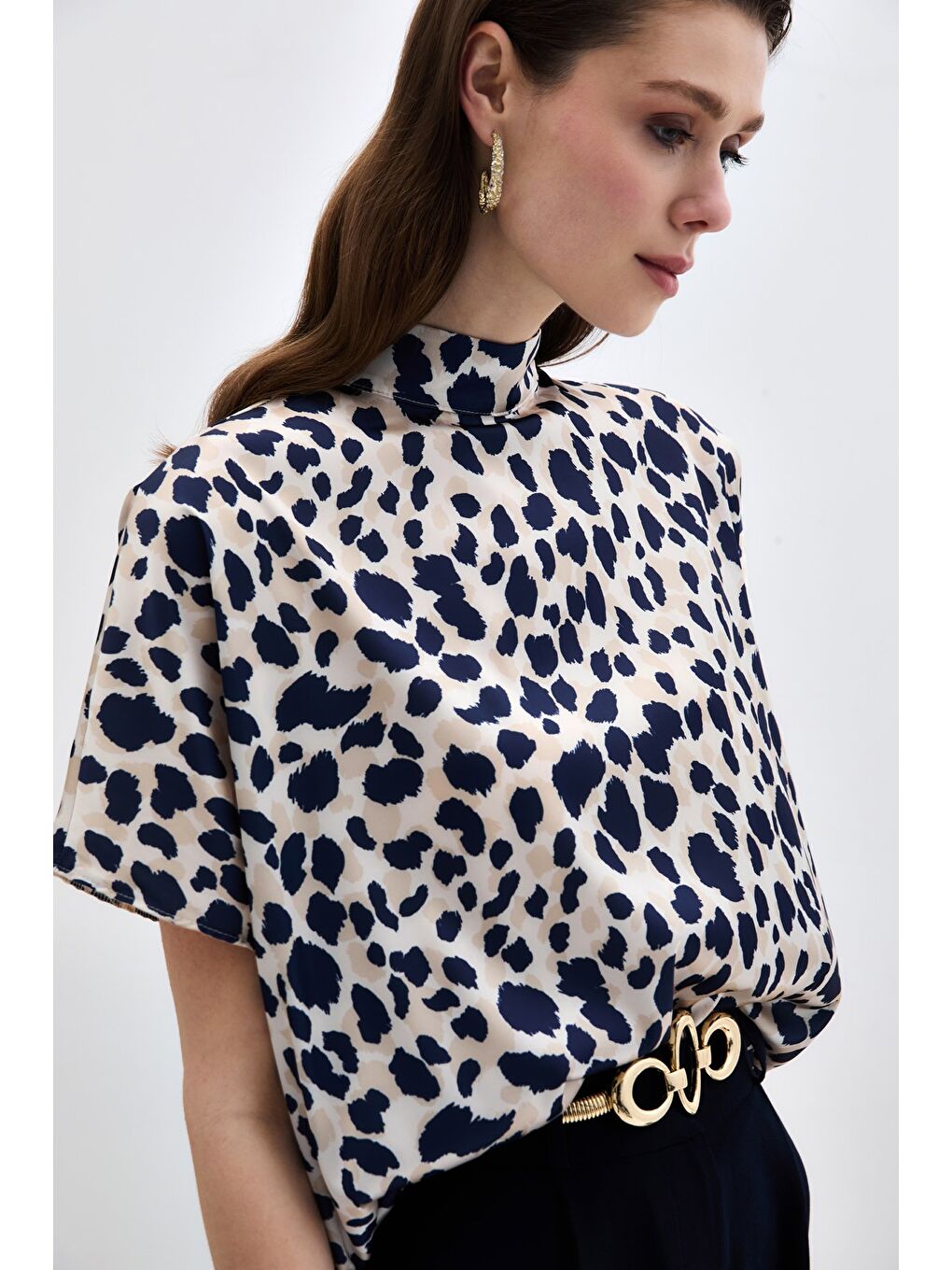 Yarasa Kol Salaş Bluz - Bej-Lacivert-4