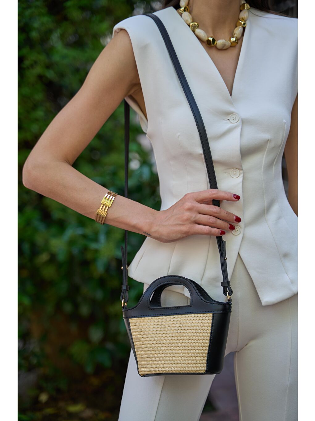 Mini Hasır Detaylı Çapraz Çanta Siyah Hasır-2