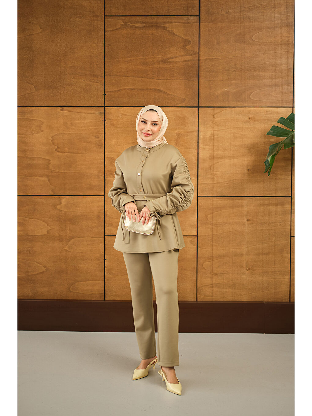 Kadın Düğme Detay İkili Takım Yeşil-2