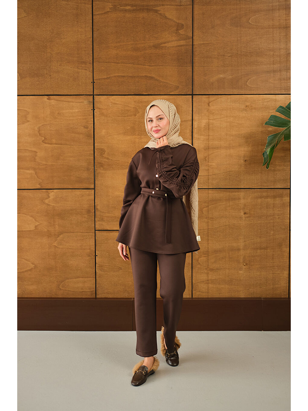 Kadın Düğme Detay İkili Takım Kahverengi-2
