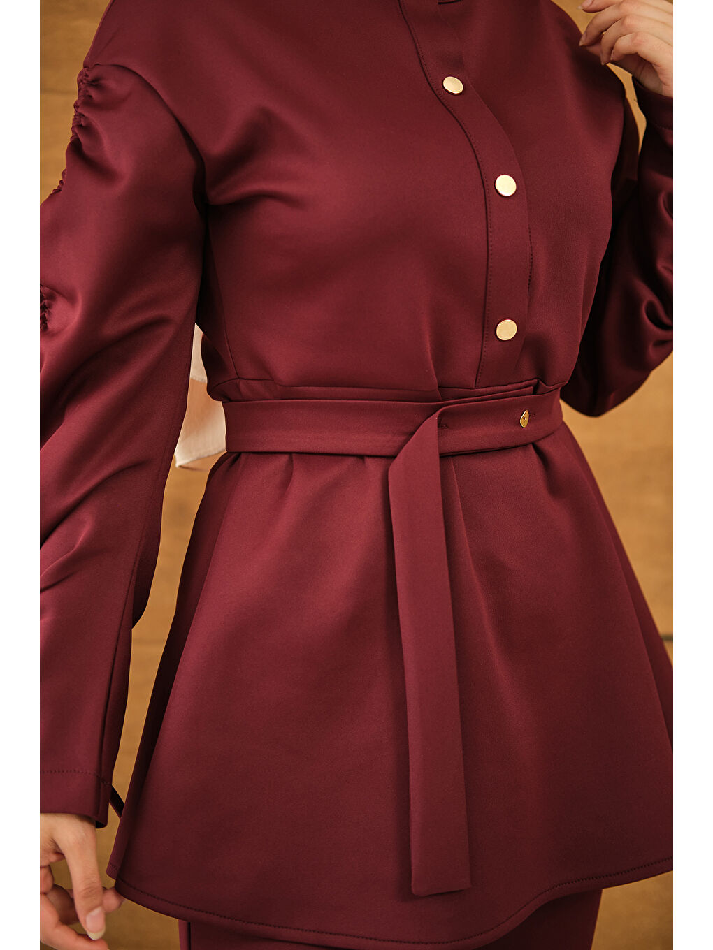 Kadın Düğme Detay İkili Takım Bordo-4