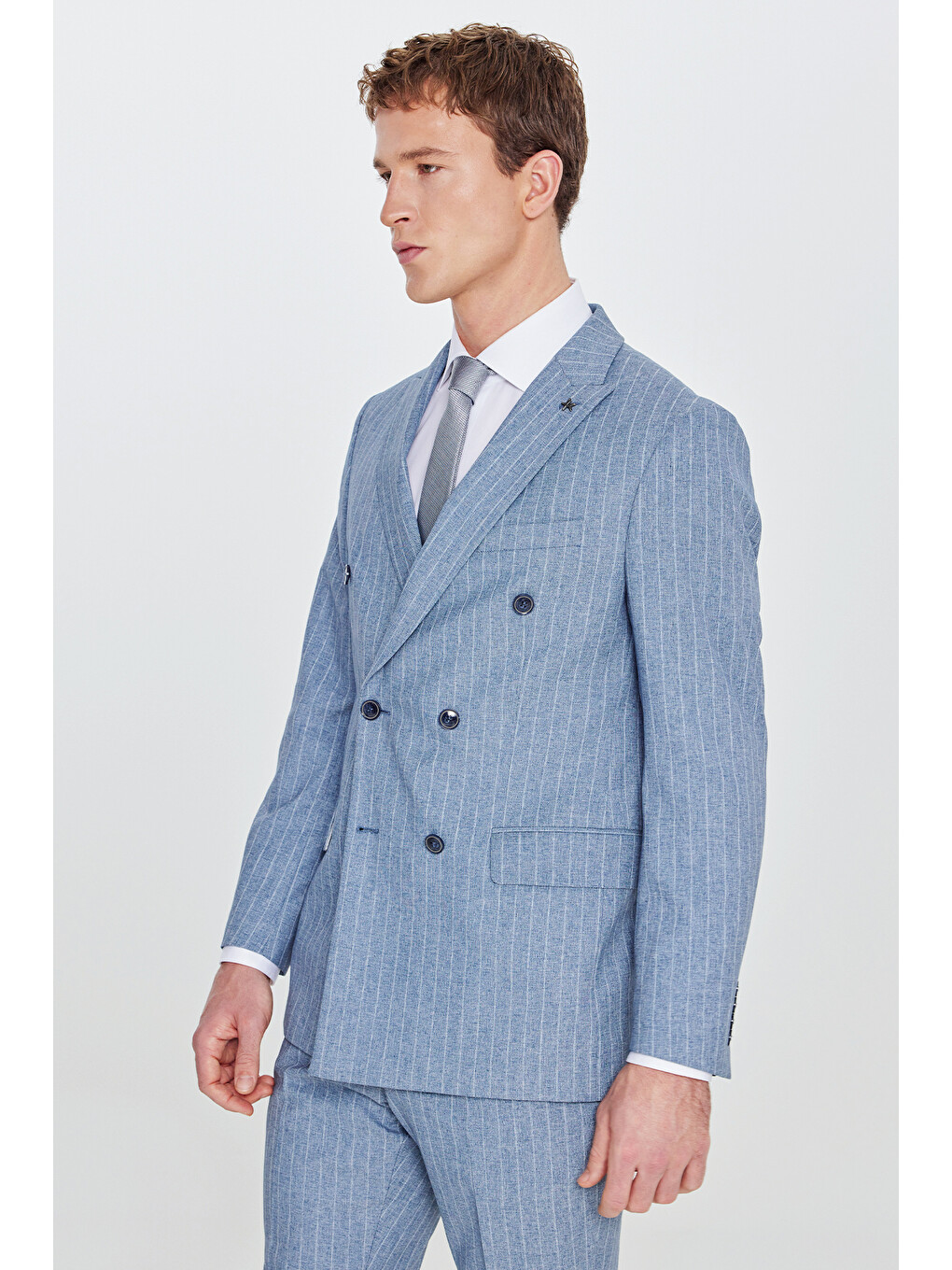 Erkek Mavi Slim Fit Dar Kesim Kırlangıç Yaka Beli Gizli Lastikli Kapak Cepli Çizgili Kruvaze Takım-1