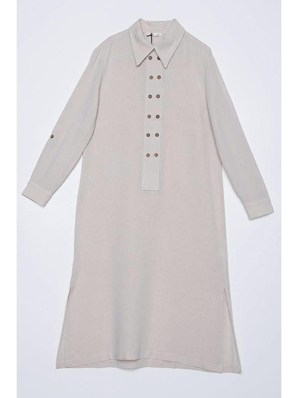 Ekru Kemik-Çift Düğmeli Keten Tunik-5