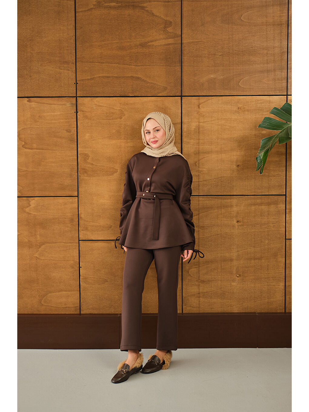 Kadın Düğme Detay İkili Takım Kahverengi-3