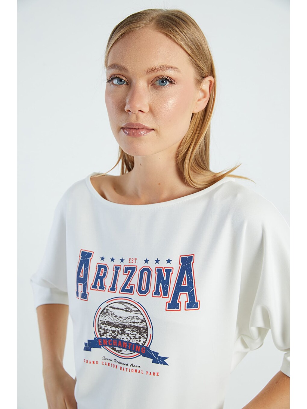Ekru Arizona Baskılı Yarasa Kol Bluz-4