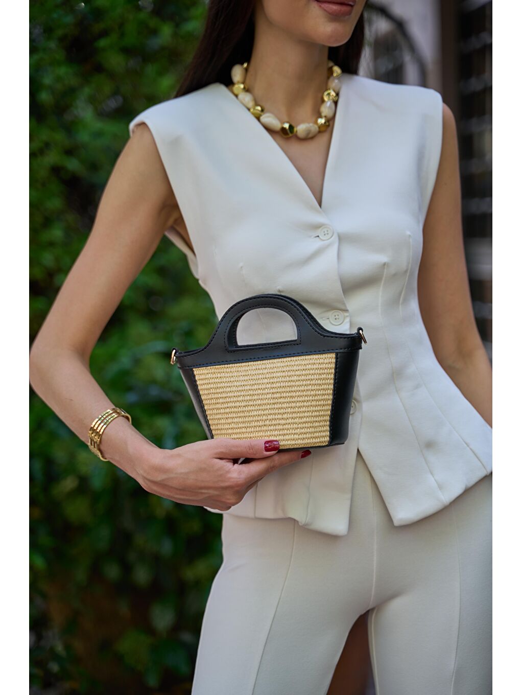 Mini Hasır Detaylı Çapraz Çanta Siyah Hasır-5