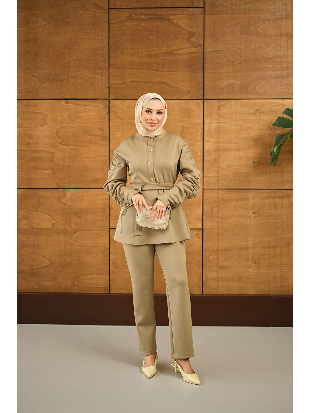 Kadın Düğme Detay İkili Takım Yeşil-3