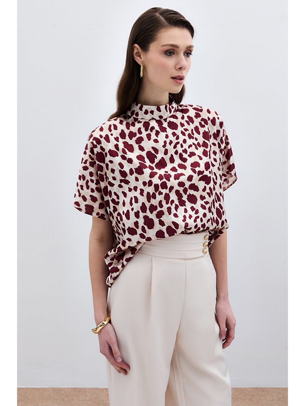 Yarasa Kol Salaş Bluz - Bej-Bordo-1