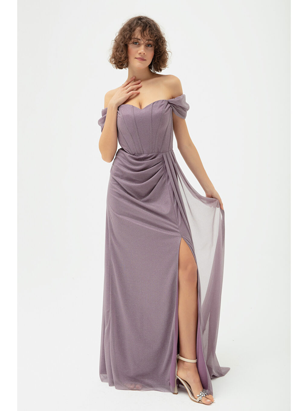 Lila Kadın Lavanta Balen Korse Detaylı Simli Uzun Abiye Elbise