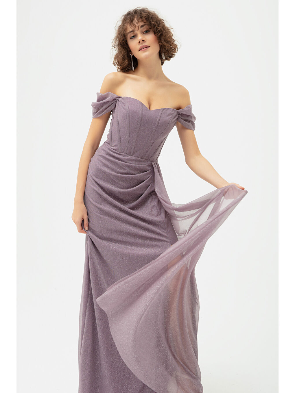 Lila Kadın Lavanta Balen Korse Detaylı Simli Uzun Abiye Elbise-1