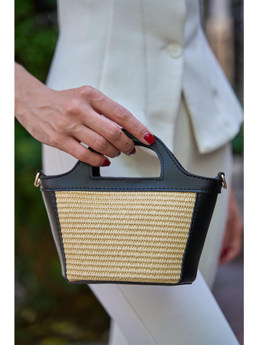 Mini Hasır Detaylı Çapraz Çanta Siyah Hasır-7