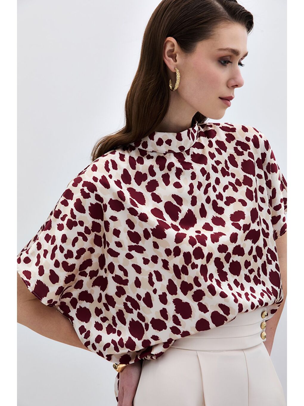 Yarasa Kol Salaş Bluz - Bej-Bordo-3