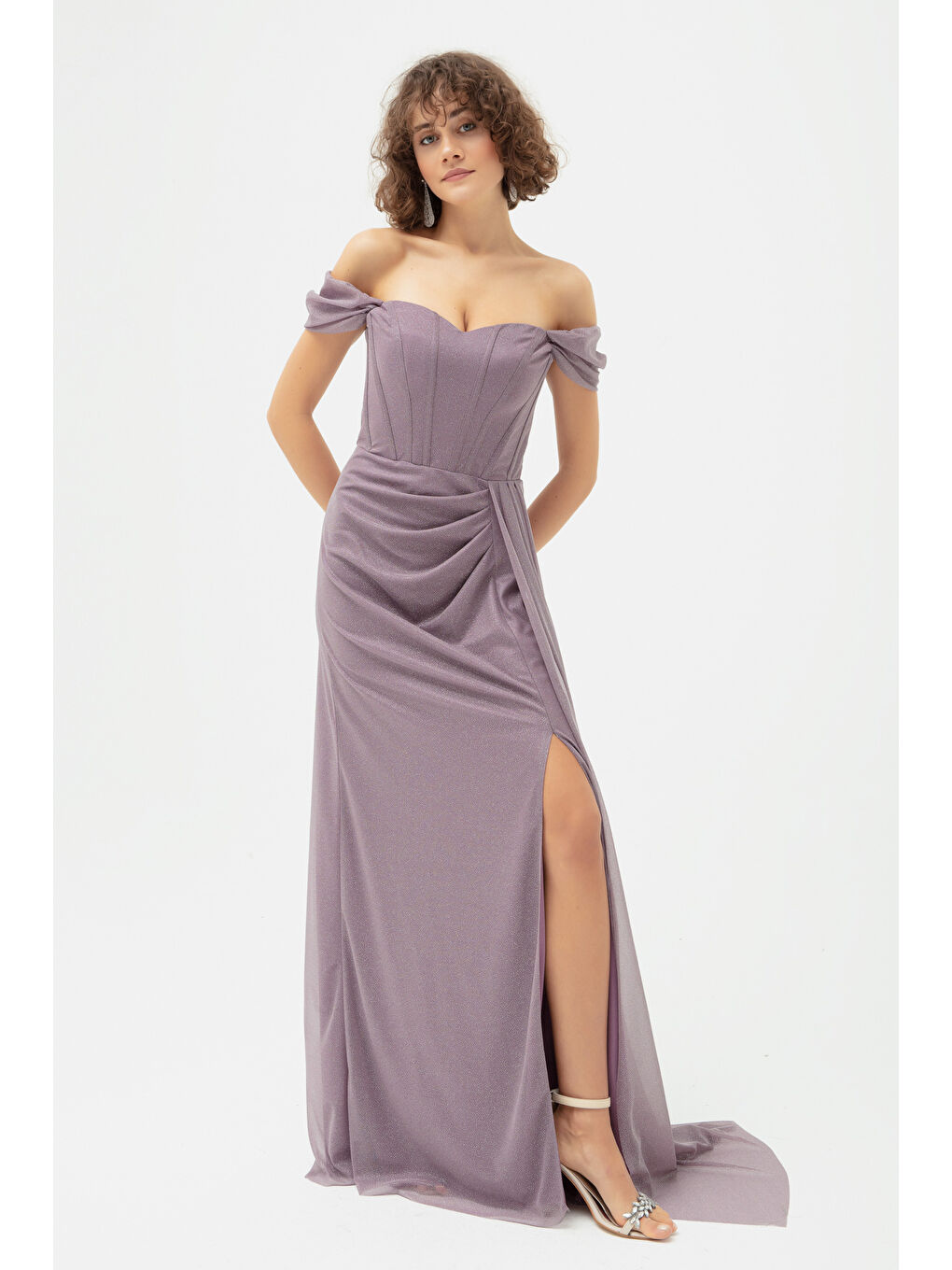 Lila Kadın Lavanta Balen Korse Detaylı Simli Uzun Abiye Elbise-3