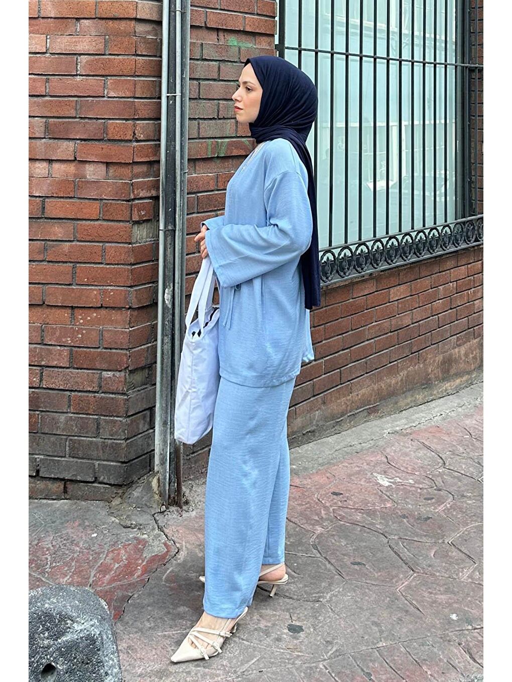 Bağlama Detaylı Kimono Tesettür Takım Mavi-1