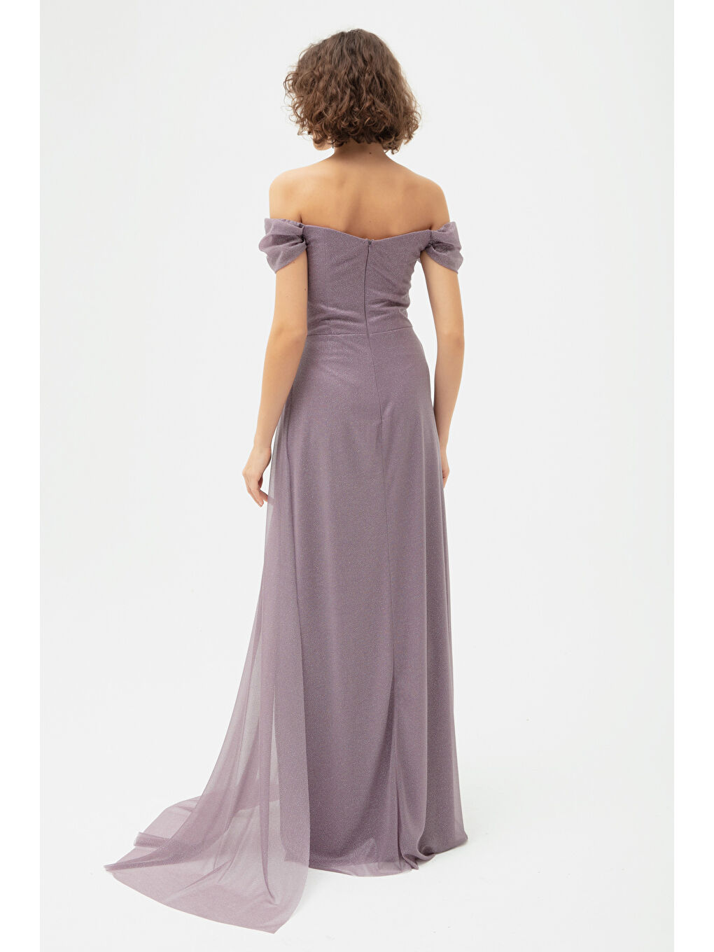 Lila Kadın Lavanta Balen Korse Detaylı Simli Uzun Abiye Elbise-4