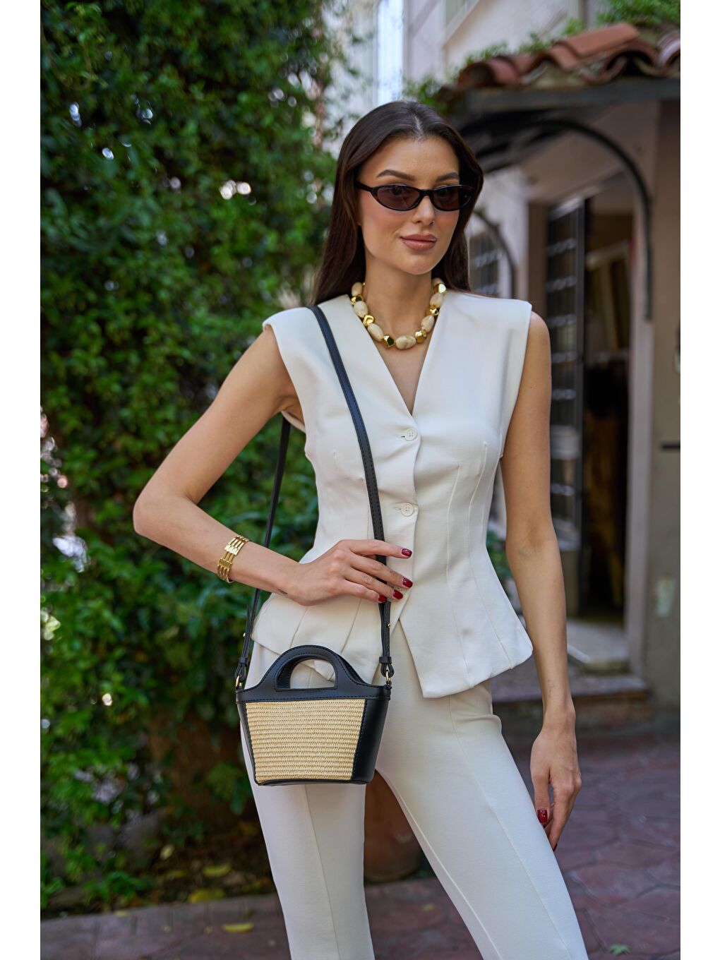 Mini Hasır Detaylı Çapraz Çanta Siyah Hasır-9