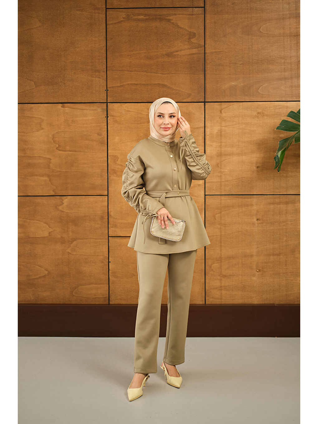 Kadın Düğme Detay İkili Takım Yeşil-4