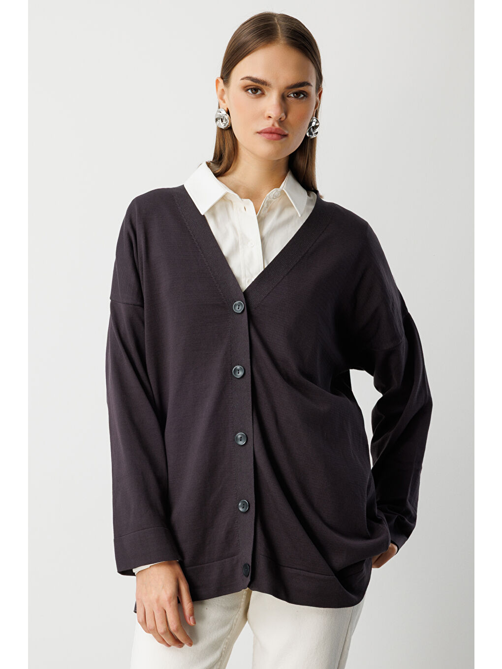 Ekstra Oversize Düşük Kol Basic Antrasit İnce Triko Hırka