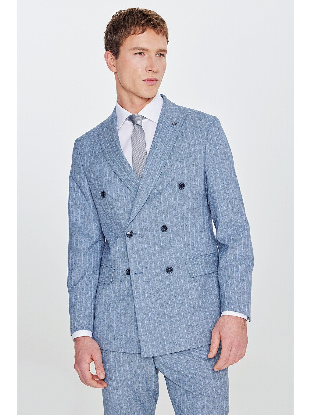 Erkek Mavi Slim Fit Dar Kesim Kırlangıç Yaka Beli Gizli Lastikli Kapak Cepli Çizgili Kruvaze Takım-2