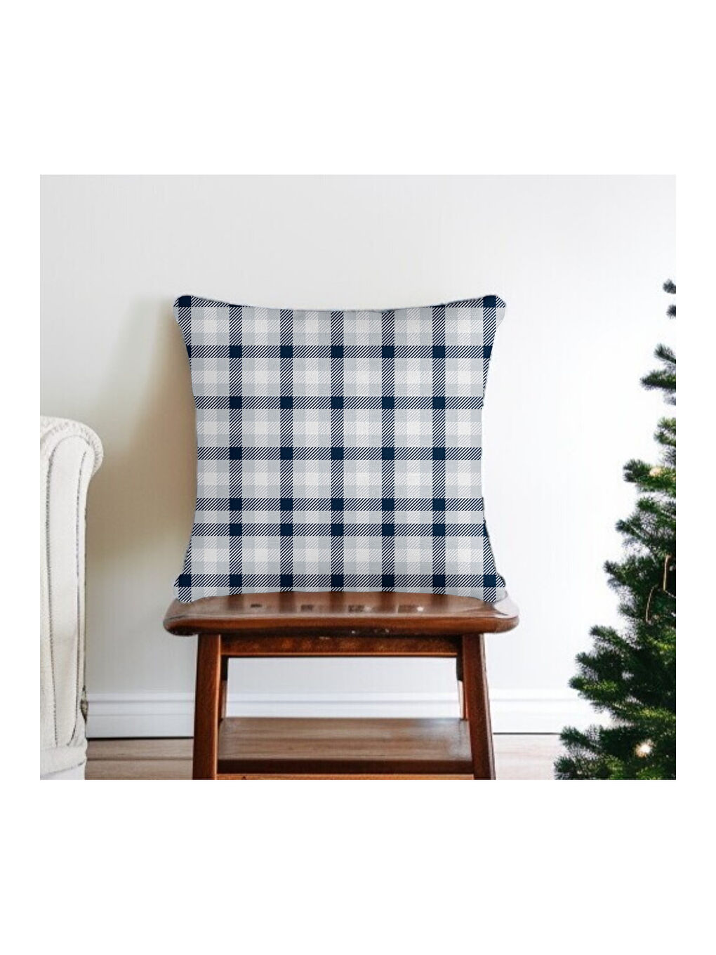 Mavi Yılbaşı Temalı  Lacivert Beyaz Ekose Desenli Dekoratif  Kırlent Kılıfı - Lacivert 43x43