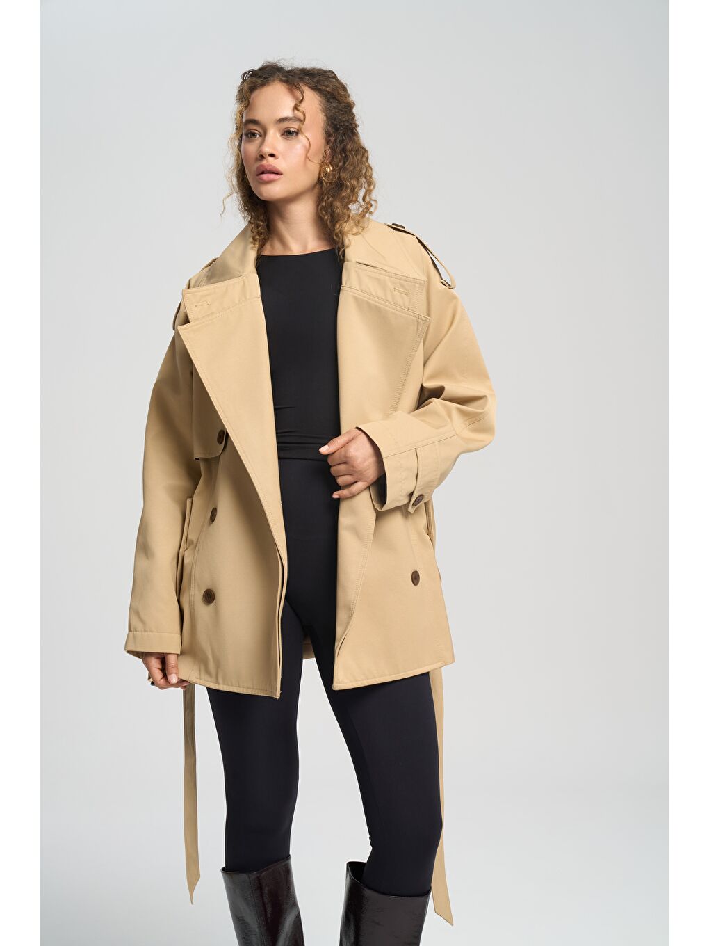 Kahverengi Tyra Camel Kemerli Kısa Trençkot-1