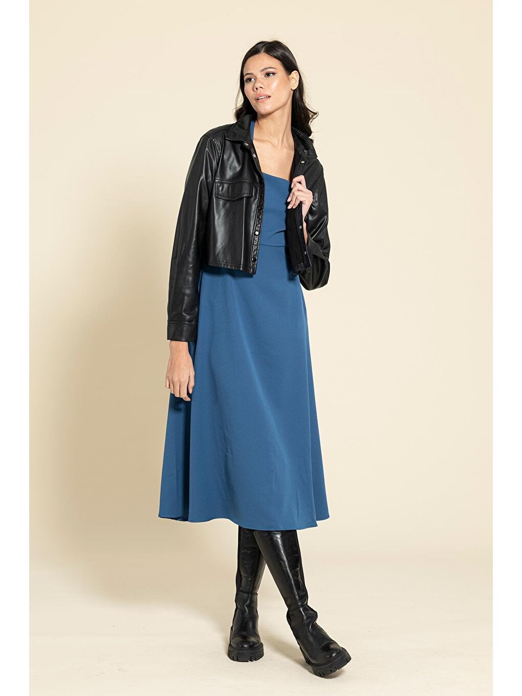 Kare Yaka Kuşaklı Mavi Elbise-2